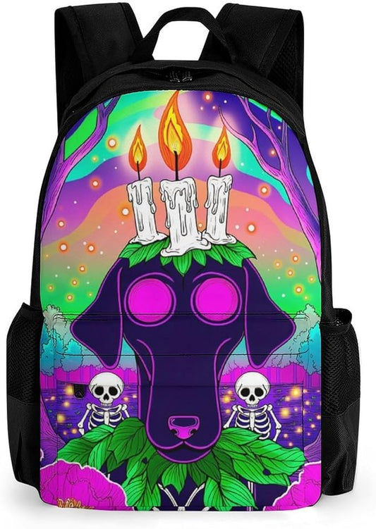 Supdreamc Men Women Lightweight Surrealist Dog Halloween Skeletons Flowers Fantasy Art Casual Daypack Large Capacity Bookbag With Adjustable Shoulder Straps for Gym Business Bicycle