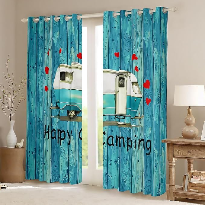 Erosebridal Happy Camping Window Drapes Cartoon Camper Blackout Curtains 42" Wx84 L RV Camper Decor Curtains for Bedroom Living Room,Vintage Farmhouse Window Treatments 2 Panels