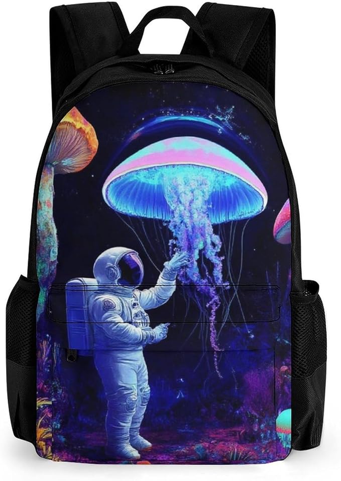 Daypack Backpack Polyester Anti-Theft Multipurpose Underwater Neon Jellyfish Astronauts Mushroom Art Bookbag Big Capacity Travel Hiking Camping Rucksack With Smooth Zippers