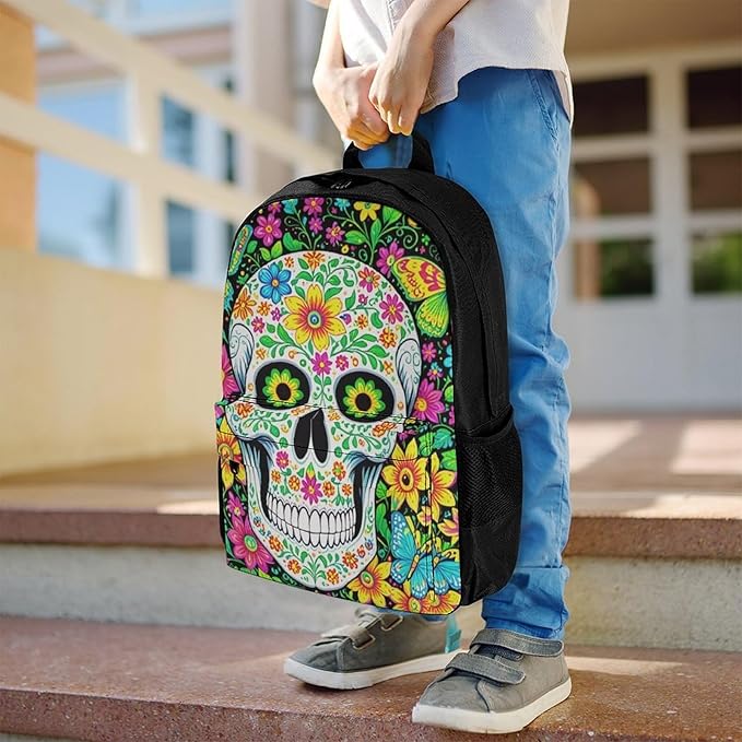 Supdreamc Men Women Polyester Colorful Floral Sugar Skull Daypack Big Capacity Shoulder Bag With Adjustable Shoulder Straps for Camping Travel Walking Cycling