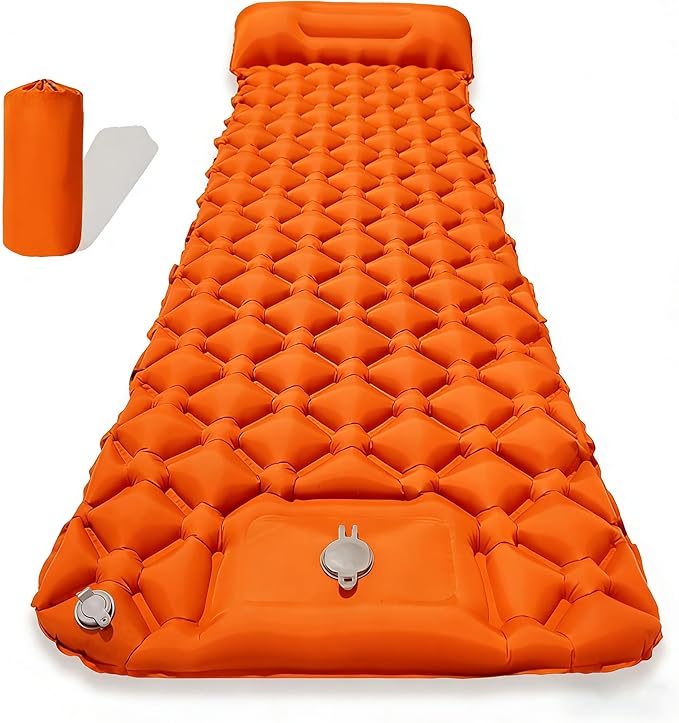 SNZ Camping Sleeping Pad, Ultralight Camping Mat with Pillow, Built-in Foot Pump Inflatable Sleeping Pads Compact for Backpacking, Tent, Travel, Outdoor Activities (Single)