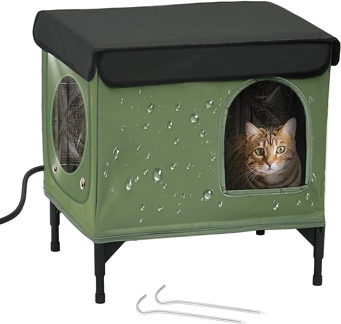 Heated Cat House for Outside, Outdoor Cat House Featuring Escape Door in Winter, 100% Waterproof Cat Shelter with Heating Pad for Community Cats, Strays, and Ferals, Insulated Warming House