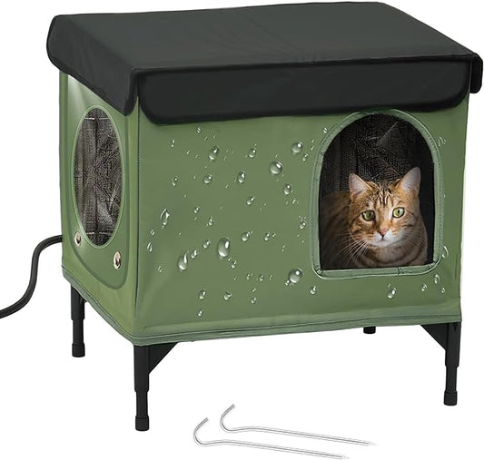 Heated Cat House for Outside, Outdoor Cat House Featuring Escape Door in Winter, 100% Waterproof Cat Shelter with Heating Pad for Community Cats, Strays, and Ferals, Insulated Warming House