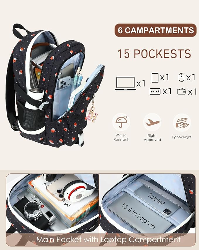 Laptop School Backpack for Teen Girls Women 15.6 Inch Cute College Backpacks Large Elementary Middle High School Bag Kids Student Strawberry Bookbag Anti Theft Travel Casual Daypack (Black-Strawberry)