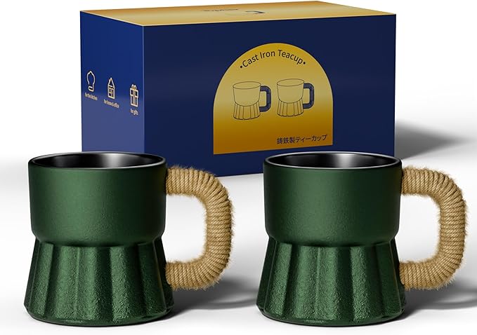 toptier 4 oz Tea Cups, Espresso Cups Set of 2, Mini Beer Mugs, Cast Iron Teacup for Tea, Coffee, Beer, Dark Green