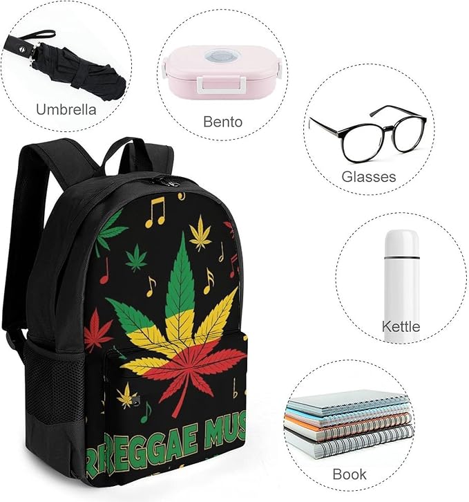 Men Women Lightweight Rasta Flag Weedleaf Leaf Reggae Music Casual Daypack Big Capacity Bookbag With Padded Straps for Gym Travel Walking Cycling