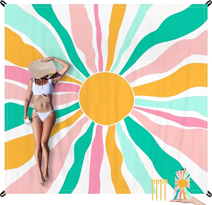 Beach Blanket Waterproof Sandproof, Large Picnic Blankets with Stakes and Storage Bag, Lightweight Quick Drying, Compact Beach Mat Vacation Essentials for Outdoors, Camping, Trips-Spring Sunshine