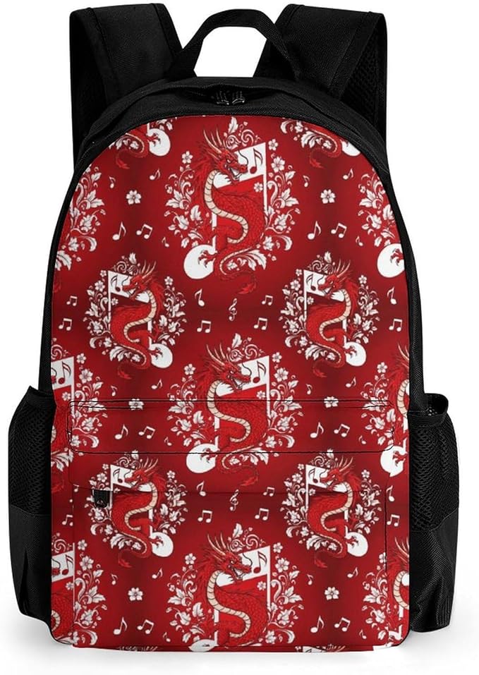 Polyester Daypack for Hiking Work Running, Big Capacity Anti-Theft Multipurpose Shoulder Bag, Music Note Dragon Cherry Flower Blossom Red Art Travel and Sport Backpack Rucksack