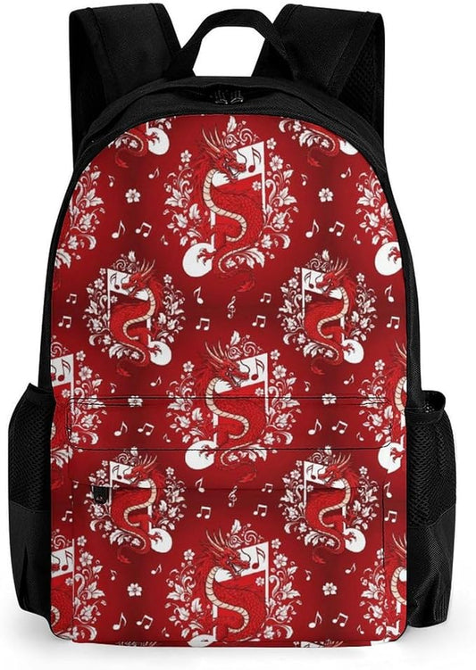 Polyester Daypack for Hiking Work Running, Big Capacity Anti-Theft Multipurpose Shoulder Bag, Music Note Dragon Cherry Flower Blossom Red Art Travel and Sport Backpack Rucksack