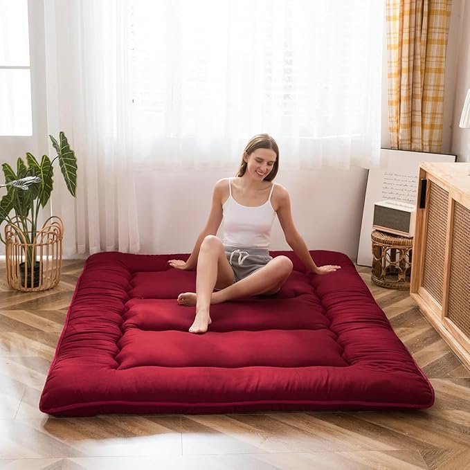 MAXYOYO Japanese Floor Futon Mattress - Thicken Sleeping Pad, Foldable Roll Up Mattress Topper, Guest Floor Bed, Burgundy, Queen