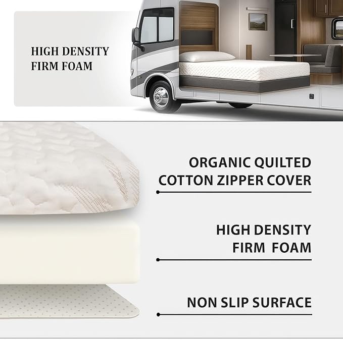 Foamma 10” x 34” x 75” Camper/RV Travel High-Density Foam Bunk Mattress, Organic Cotton Cover, Made in USA, Comfortable, Travel Trailer, CertiPUR-US Certified