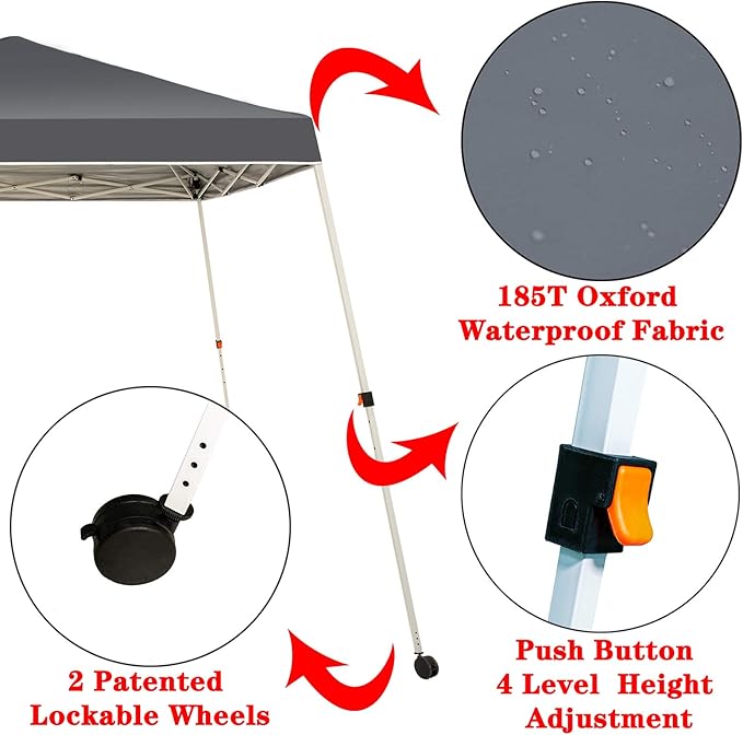 Sunnyglade 10x10 Ft Pop Up Canopy Tent One Button Easy Pop Up Outdoor Instant Folding Slant Leg Canopy with 2 Wheels and Deluxe Carry Bag(Dark Grey)