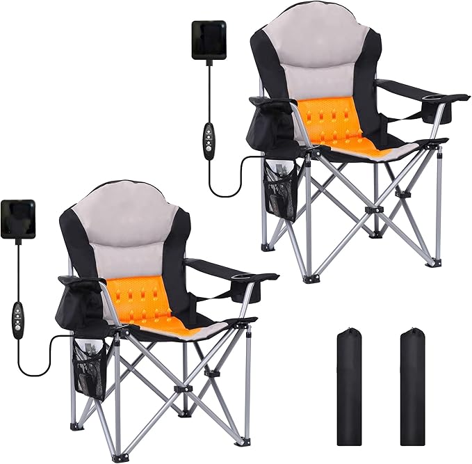 Camping Chair, Folding Chair, Outdoor Heated Chairs, Heated Camping Chairs, Adjustable Chair Back with 12V 10000mAh Battery, Carry Bag, Cooler Bag, Cup Holder and Zippered Holder (Set of 2)