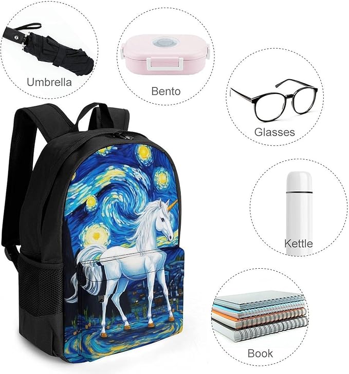 Supdreamc Backpack Multipurpose Anti-Theft Large Capacity Bookbag, Unicorns Starry Night Art Travel Hiking Daypack With Side Pockets
