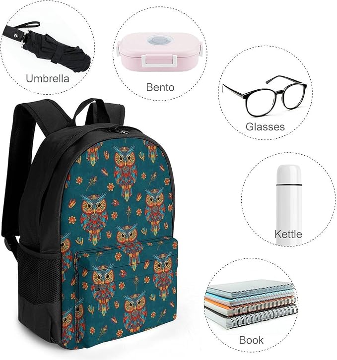 Supdreamc Lightweight Daypack Backpack for Trekking Work Running, Big Capacity Multipurpose Anti-Theft Bookbag, Ethnic Owl Business Computer Bag