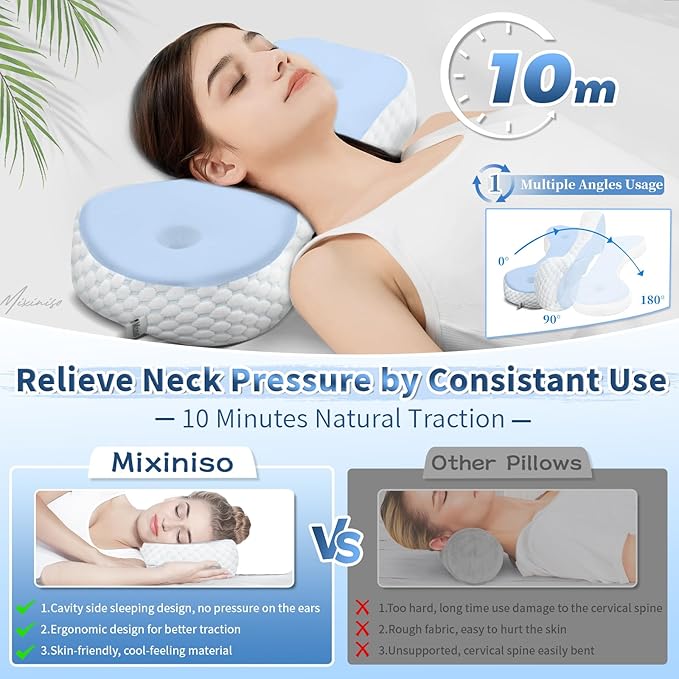 Neck Support Pillow, Small Neck Roll Pillow Memory Foam, Cervical Traction Device, Ergonomic Support for Stiff Neck, Camping & Travel Pillow with Removable Cooling Pillowcase and Portable Bag