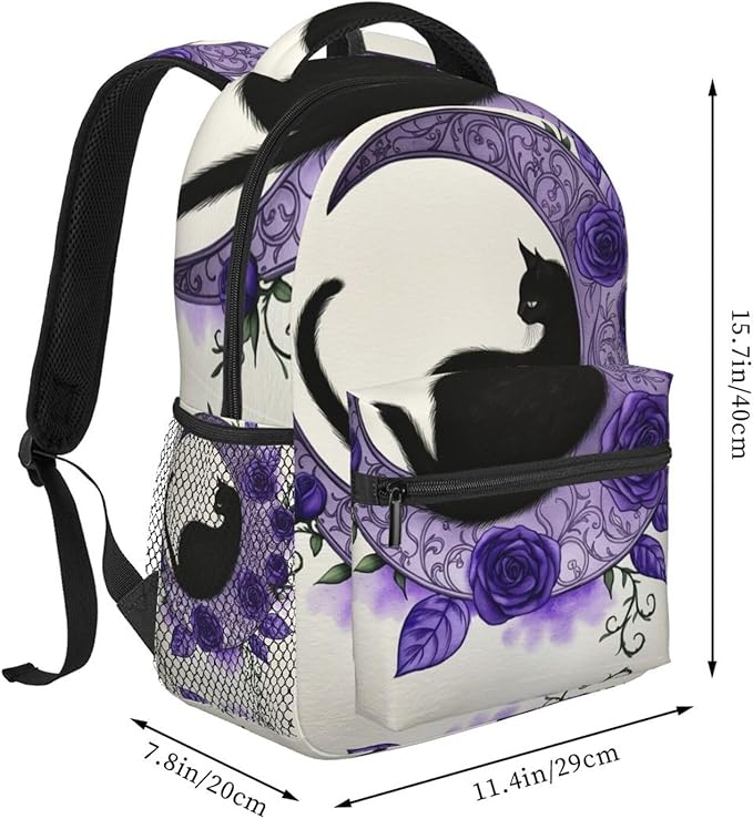 Polyester Daypack Backpack for Climbing Outdoors Running, Big Capacity Multipurpose Anti-Theft Bookbag, Elegant Black Cat Crescent Moon Purple Rose Vine Art Travel Hiking Camping Rucksack