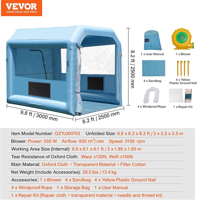 VEVOR Inflatable Paint Booth, 9.8 x 8.2 x 8.2 ft Inflatable Spray Booth, with 550W Powerful Blower and Air Filter System, Portable Car Paint Booth for Motorcycle, Bicycle, Small Furniture Painting