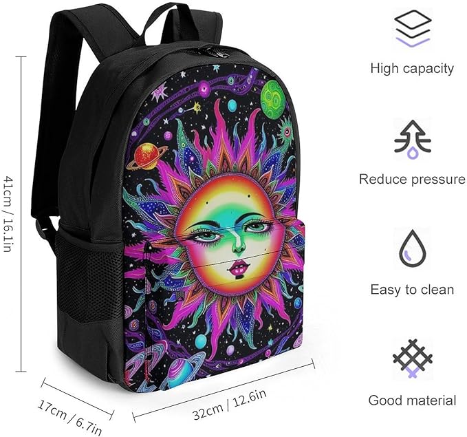 Supdreamc Men Women Lightweight Psychedelic Sun And Moon Neon Art Daypack Bookbag Big Capacity Carry On Bag With Side Pockets for Camping Travel Bicycle