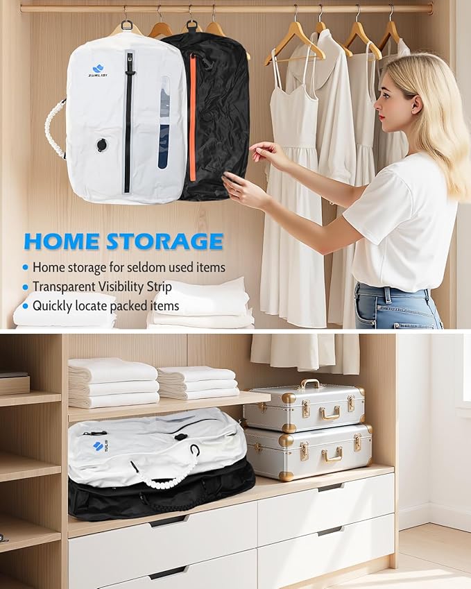 Zurligi Travel Vacuum Compression Bags with Removable Handle & Mini Pump – 39L Reusable IPX8 Waterproof Vacuum Packing Cubes, Vacuum Seal Bags for Clothes, Suitcase & Backpack(1-Pack White)