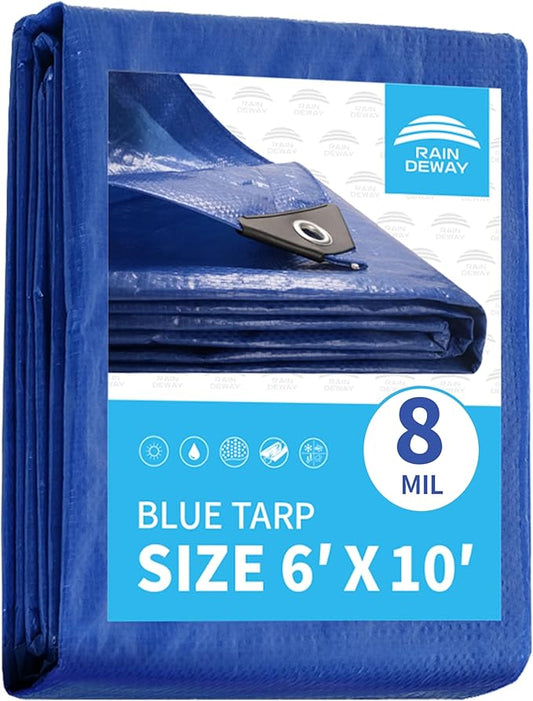 Blue Tarp 6x10 Feet 8 Mil, UV Resistant, Durable, Multipurpose Waterproof Poly Tarp Cover with Metal Grommets and Reinforced Edges by RAINDEWAY