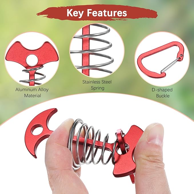 Fishbone Deck Anchor Pegs with Buckles [10PCS] - Aluminium Tent Stakes with Spring Buckle Use for Camping & Hiking - [Red] Windproof Tie Down Tent Stakes