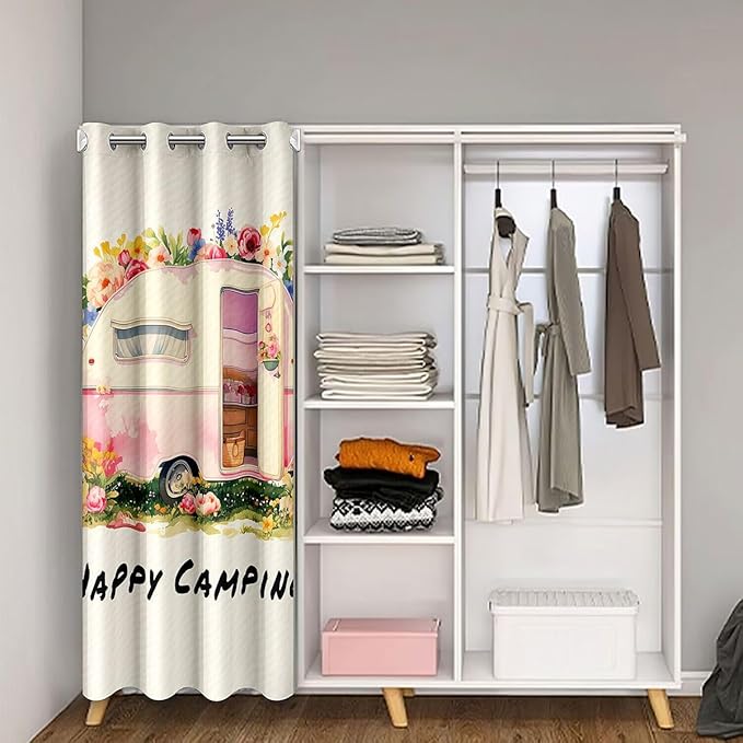 Happy Camping Adventure Door Curtain,RV Trailer Cartoon Camper Blackout Curtain,Rose Flowers Leaf Rustic Nature Bedroom Doorway Living Room Decor,Pink Beige Privacy Door Drape 1 Panel,34" W X 80" L