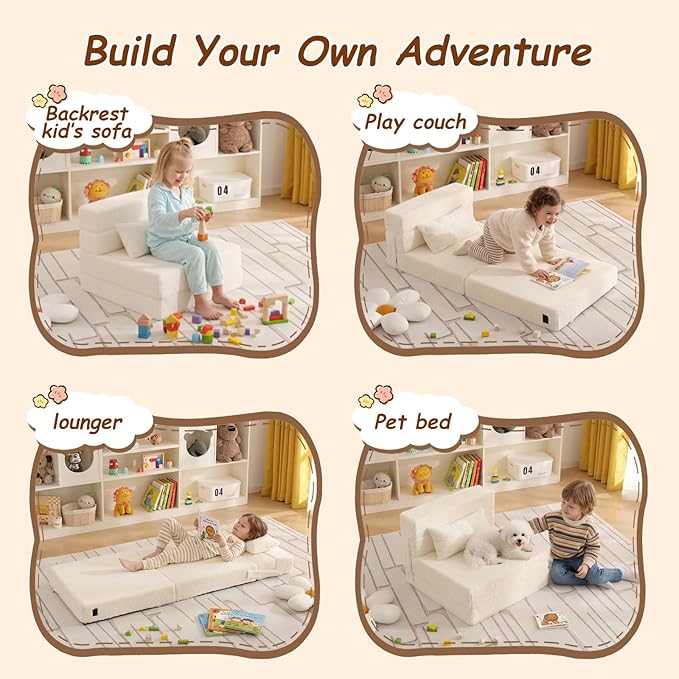 Folding Sofa Bed Beige Floor Mattress for Kids with Pillow, Toddler Washable Folded Floor Mat for Daycare, Child Fold Up Sofa Chair Bed with Storage Bag for Playroom, Camping, Girls and Boys