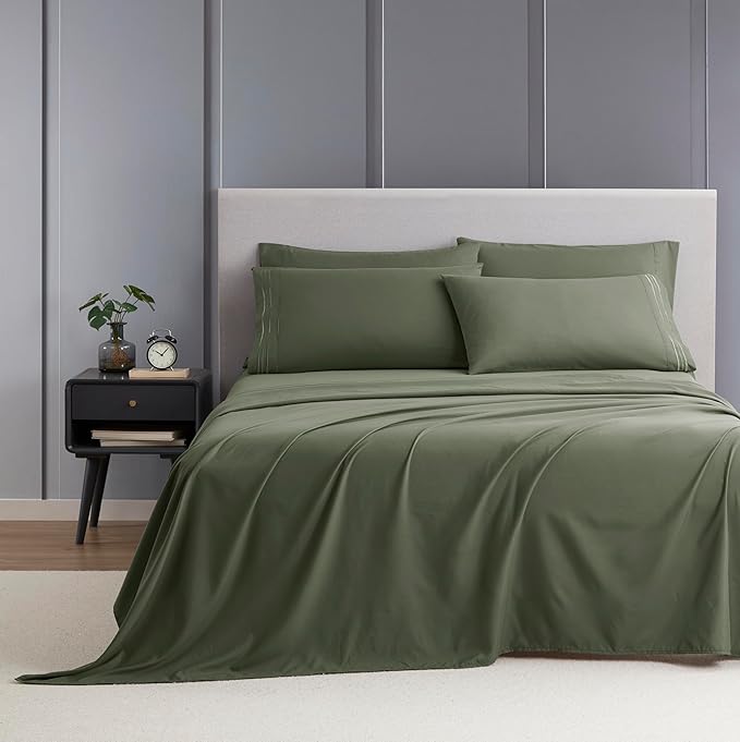 Clara Clark Cal King Sheets - Hotel Luxury 6 Piece Bed Sheets for Cal King Size Bed - Soft Bedding Sheets & Pillowcases, Fits Mattress up to 16 inch deep. California King, Olive Green