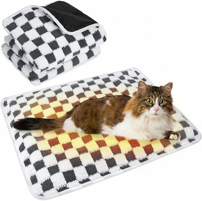 2 Pack Self Warming Cat Bed Self Heating Dog Pad Cat Warming Pad Thermal Pet Mat Washable Reflect Body Heat Removable Cover for Indoor Kittens Puppies (Grey White Plaid,16 x 20 Inch)