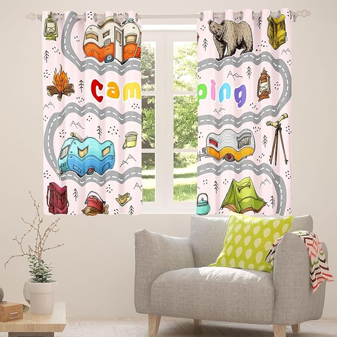 Feelyou Cute Pink Rv Camping Camper Curtains for Bedroom Living Room Wildlife Animal Bear Blackout Darkening Drapes Happy Camping Window Treatments, 2 Panels 38 x 45 Inch Room Decor