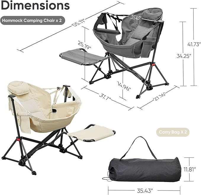 Ainfox Hammock Camping Chair with Footrest, Heavy Duty Foldable Portable Rocking Hammock Chairs Outside Swinging Camp with Cup Holder Pillow for Outdoor Patio Poolside Beige Grey