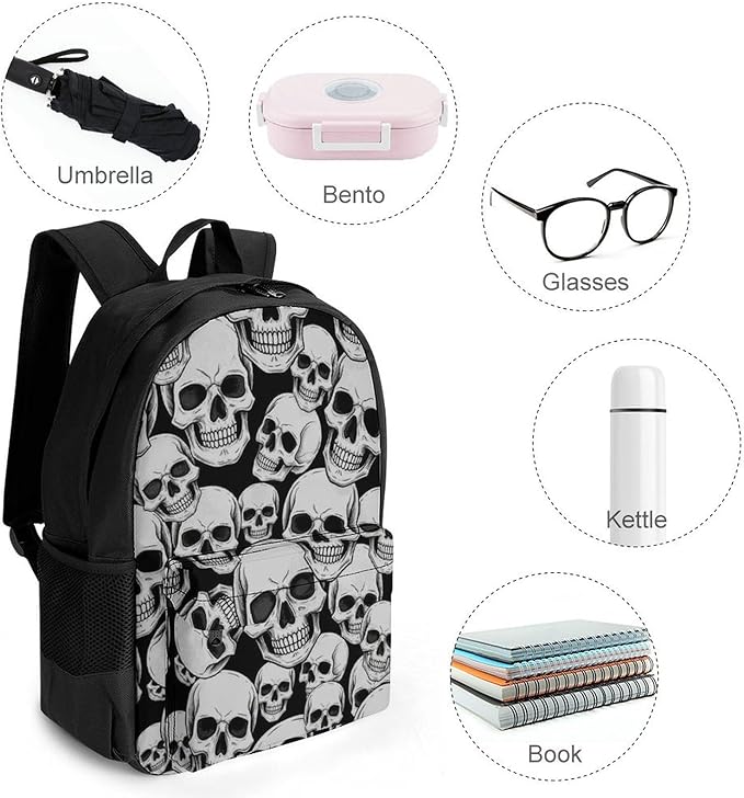 Lightweight Daypack Backpack for Trekking Work Running, Big Capacity Multipurpose Anti-Theft Bookbag, Grey And Black Skulls Head Business Computer Bag