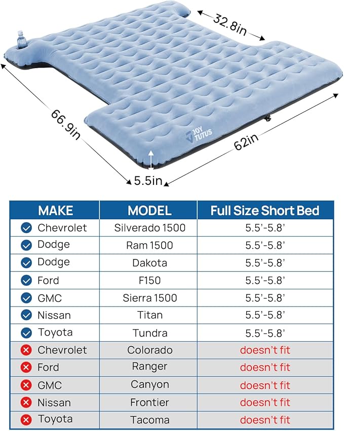 JOYTUTUS Upgraded Light Version Truck Bed Air Mattress for Camping, Thicken Inflatable Mattress for 5.5-5.8Ft Short Truck Bed,with Built-in Cup Holder&2 Inflatable Pillow,Full-Size,Grey Blue