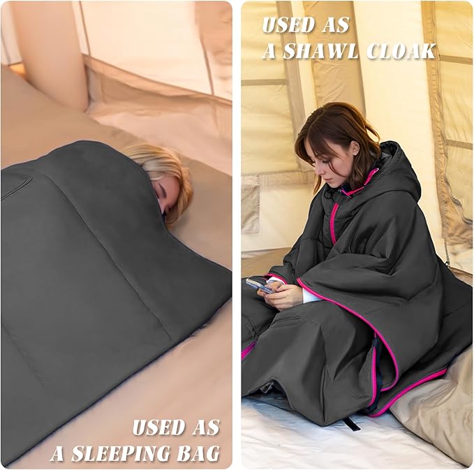 Hooded Poncho Blanket, Wearable Camping Blankets, Large Stadium Poncho Windproof & Water-Repellent, 75 * 55 inch, Portable & Warm, for Outdoor, Sports, Concerts, Travel, Picnic, Car, Survival, Hunting