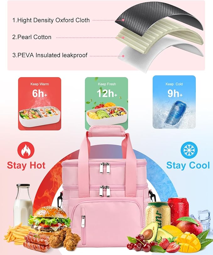 Lunch Box for Women, Double Insulated Lunch Bag Reusable Leakproof Cooler Bag Portable Picnic Food Bag, Adult Lunch Tote Lunch Bag for Work, Construction Worker, Truck Driver, Light Crew-Pink