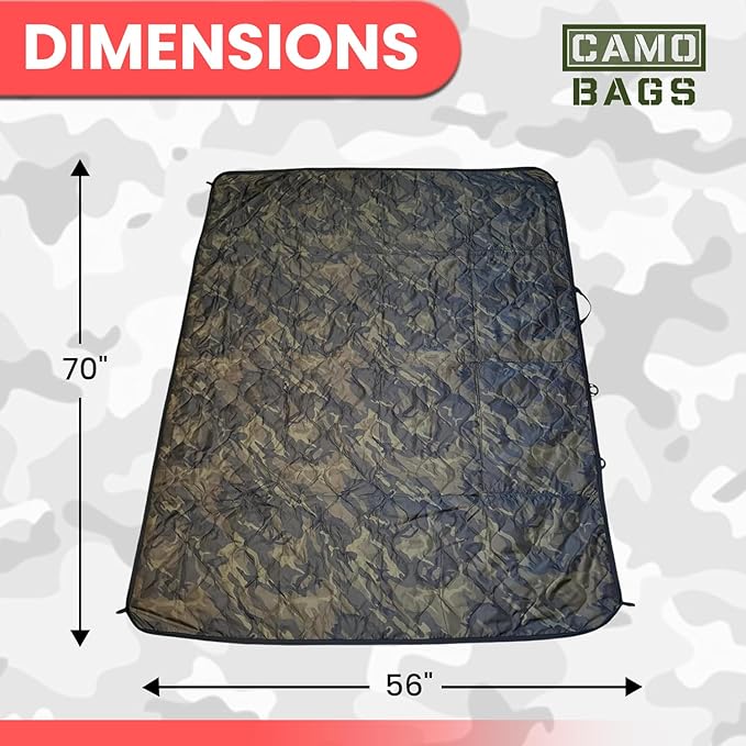 Outdoor Packable Camo Blanket - 1000D Polyester Interior & RIPSTOP Fabric Exterior Blanket with Adjustable & Removable Carrying Strap - Front, Back Storage Pocket - Ideal for Camping & Outdoor Use