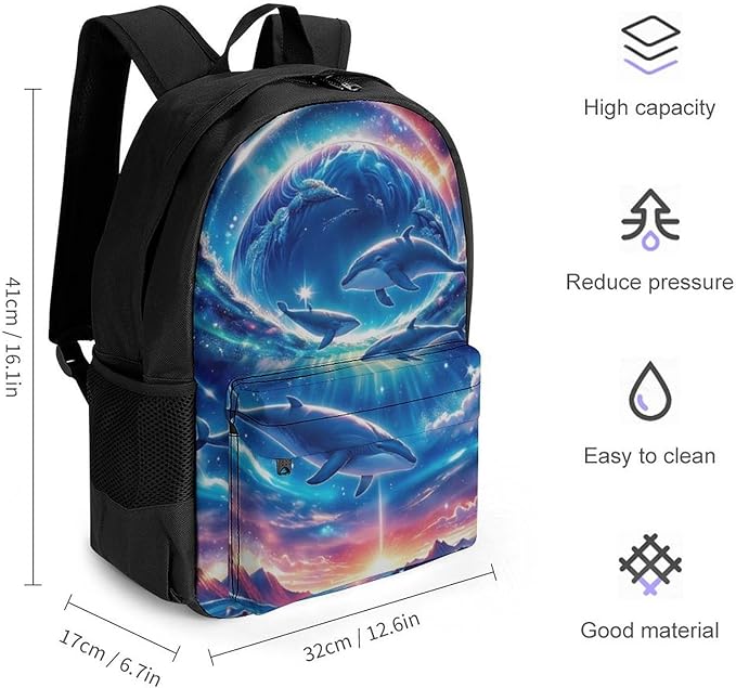 Polyester Daypack for Hiking Work Running, Big Capacity Anti-Theft Multipurpose Shoulder Bag, Galaxy Dolphin Star Space Travel and Sport Backpack Rucksack