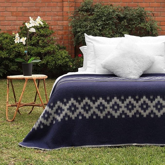 Thick Alpaca Wool Blanket Heavyweight Camping Outdoors Indoors Soft Peru Queen Size Ethnic Design (Navy Blue - Soft Gray, Queen Size)