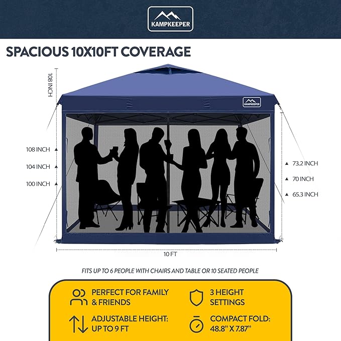 KAMPKEEPER 10x10 Pop-Up Canopy Tent, Waterproof Portable Shade with Screen Walls, Adjustable Instant Outdoor Shelter for Camping, Backyard, and Events, Navy Blue