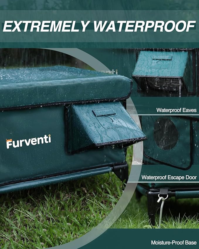 Outdoor Heated Cat House in Winter,Extremely Insulated & Weatherproof,Elevated Feral Cat Shelter with Waterproof Eaves & Escape Door for Outside Stray Barn Cat (Green,M)