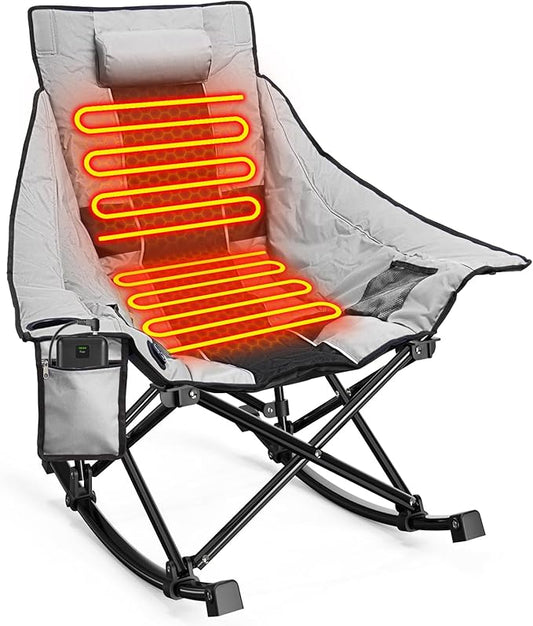 Slendor Heated Rocking Camping Chair with Padded & Pillow, 2000mAh Power Bank, 3 Adjustable Heat Settings, Oversized Camping Chair for Easy Setup and Foldable Storage, Gray