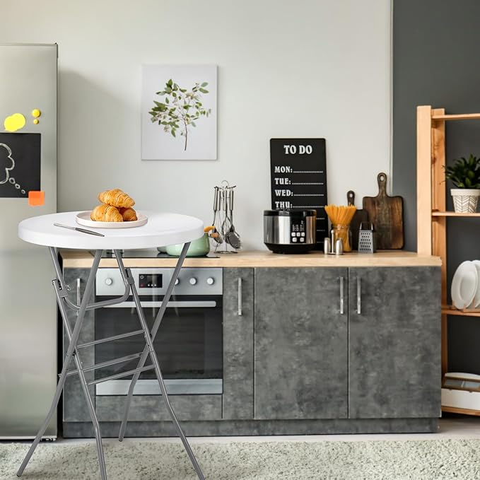 Cocktail Table 28in Folding Round High Top Indoor Outdoor with Removable Legs, Tall Bistro Foldable Bar Height Table for Parties, Patio, Backyard, Dining, Wedding, White- 2PCS