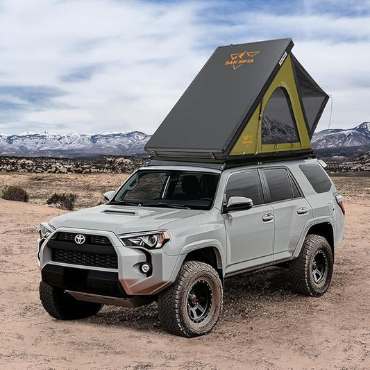 Sanhima Rooftop Tent Hard Shell - Hotham Lite Overland Aluminium Roof Top Tent 4.56" Slimline, w/Tri-Color LED Strip Light & 1.97” Thick Mattress, for Car SUV Truck Camping, 2-3 People