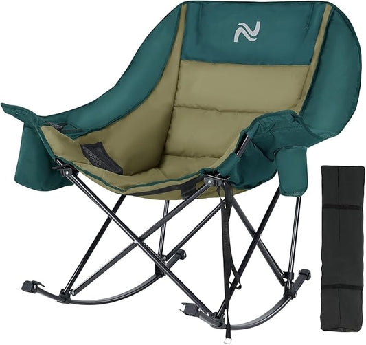 Oversized Rocking Camping Chair for Adults - Padded Recliner Rocker - Folding Lawn Chair with Cooler Bag and Pockets - Portable Rocker Chair Outdoor for Camp Patio Backyard