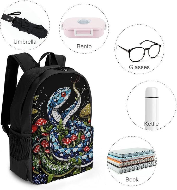 Men Women Polyester Trippy Mushroom Snake Art Daypack Big Capacity Shoulder Bag With Smooth Zippers for Hiking Work Walking Cycling