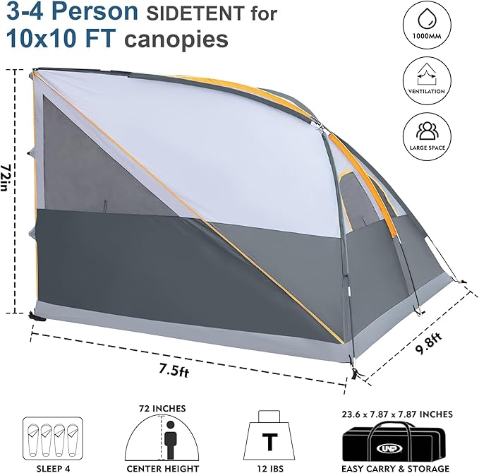 UNP Camping Canopy - Inner Tent - Side Tents - SUV Camping Cube for 10' x 10' Pop Up Canopies (Canopy Pole/Shelter NOT Included) (Grey-Side Tent)