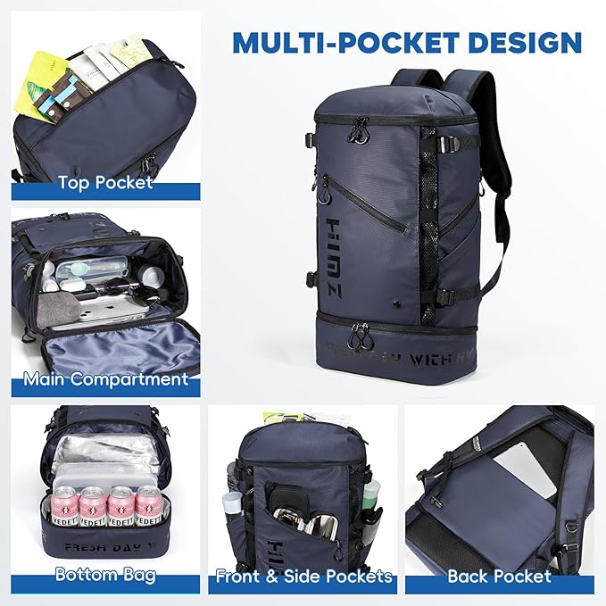 Waterproof Camping Backpack with Lunch Compartment, Mens Backpack Insulated for Work, 17 inch Laptop Bag, Carry On Backpacks for Airplane Beach Travel, Blue