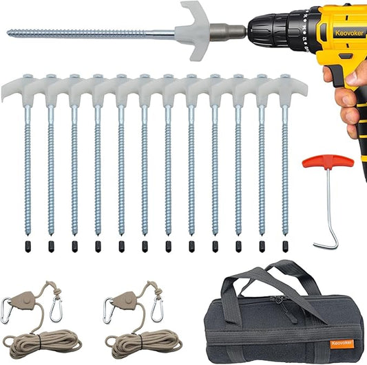 12 Pack Screw in Tent Stakes Heavy Duty-8” Metal Pegs for Ground, Drill in Camping Stake with Ratchet Tie Downs, Hex Head Driver, Spikes Puller, Protectors in a Carrying Bag, for Hiking