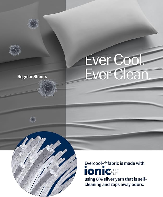 REST® Evercool®+ Cooling Sheet Set, Full Size, Light Gray, Breathable Bed Sheets for Hot Sleeper and Night Sweats, with Pillowcases, with Ionic+ Self-Cleaning Silver Yarn for Sensitive Skin, 4PCS